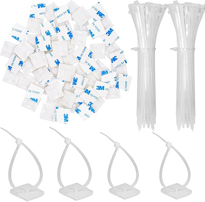 30 Pack 2 inch Zip Tie Adhesive Mounts Self Adhesive Cable Tie Base Holders with Multi-Purpose Tie wire clips with screw hole,Anchor stick on wire holder with 8 inch zip ties（White）