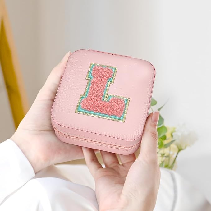SANDJEST Personalized Jewelry Box, Pink Travel Jewelry Box with Initial L, Small Monogrammed Jewelry Case Organizer for Girls Women Teen Kids, Mini Travel Essentials Gifts for Birthday Christmas