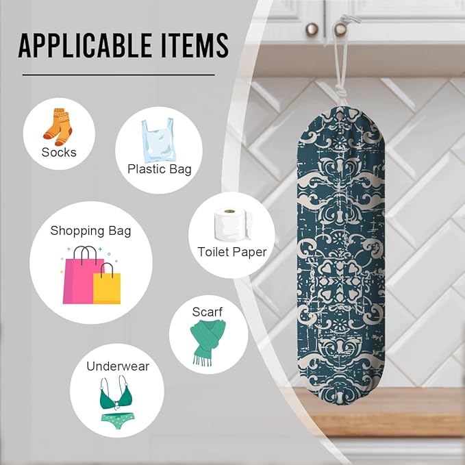 Sage Blue Plastic Bag Holder, Wall Mount Grocery Bags Organizer, Washable Car Trash Bags, Pantry Organization, Kitchen Housewarming Gifts for Women, Kitchen Pattern Garbage Bag 64