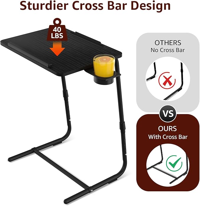 TV Trays Set of 4 - Folding TV Tray Adjustable Dinner Trays for Eating On Couch Wooden Tables Mate Stand Foldable Black Desk with Cup Holder Portable