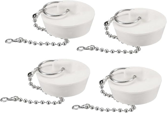 uxcell 4Pcs Rubber Drain Stopper with Chain and Hanging Ring, Bathtub Drain Plug Fits 1-3/8 Inch to 1-1/2 Inch, Rubber Sink Stopper Drain Plug for Bathtub, Kitchen and Bathroom, White