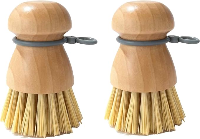 Dish Brush with Hanging Loop — Durable PBT Bristles Brush, Non-Slip Grip Dish Brush, Compact Bamboo Dish Brush, for All Cookware, Stovetops & Sinks • Kitchen Essential (2pcs/Set)