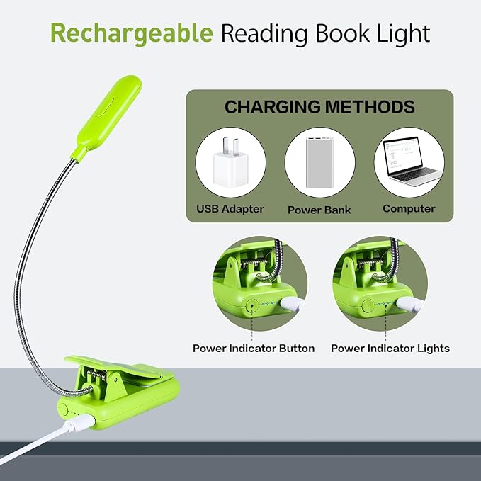 VAVOFO Rechargeable Book Light for Reading in Bed Kids, 7 LED Reading Light with 9-Level Warm Cool White Daylight, Eye Care Lamp with Power Indicator for Bookworms (Neon Green)