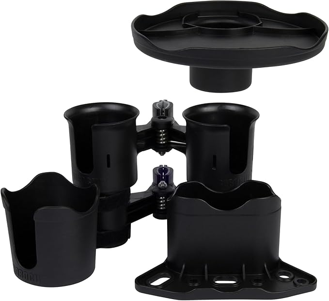 ROBOCUP, (Black), Patented Clamp On Boat Cup Holder |Multifunction Dual Drink Caddy for Fishing Poles, Tools, Net, Gaff |Portable Storage for Boating, Beach, Umbrellas, Golf Carts, Strollers