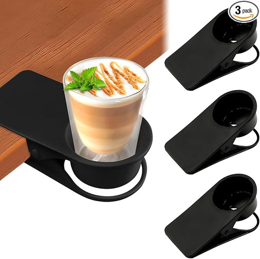 3PCS Drinking Cup Holder Clip, Kalolary Chair Desk Bottle Cup Stand DIY Glass Clamp Storage Saucer Clip for Potted Plant Beverage Soda Coffee Mug Holder Clip for Home & Office (Black)