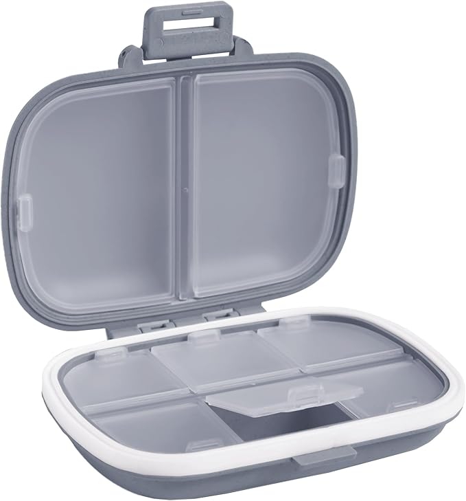 Holii Travel Pill Organizer, 8 Compartments Portable Pill Case, Daily Pill Box to Hold Vitamins, Small Pill Container for Pocket Purse Medicine Organizer（Gray）