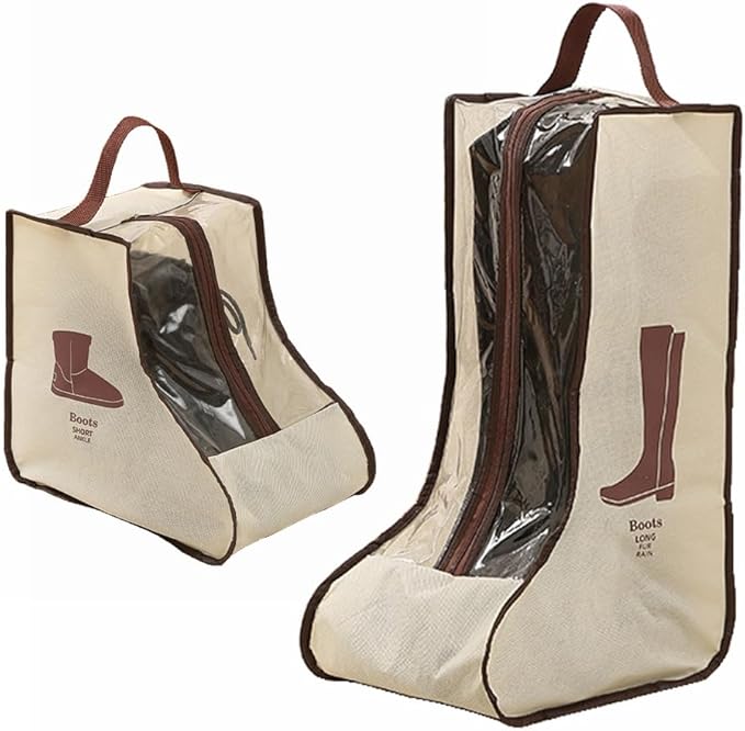 Travel Shoe Bags Tall/Short Boots Storage Bags Dust-proof Shoe Storage Organizer Shoe Pouch with Zipper for Travel and Daily (1 pack tall beige and 1 pack short beige)