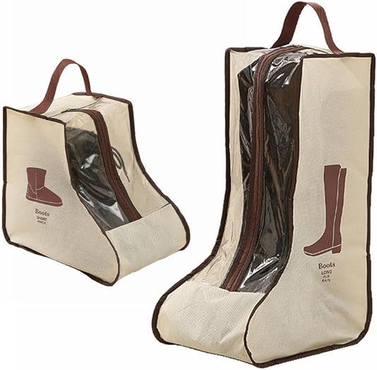 Travel Shoe Bags Tall/Short Boots Storage Bags Dust-proof Shoe Storage Organizer Shoe Pouch with Zipper for Travel and Daily (1 pack tall beige and 1 pack short beige)
