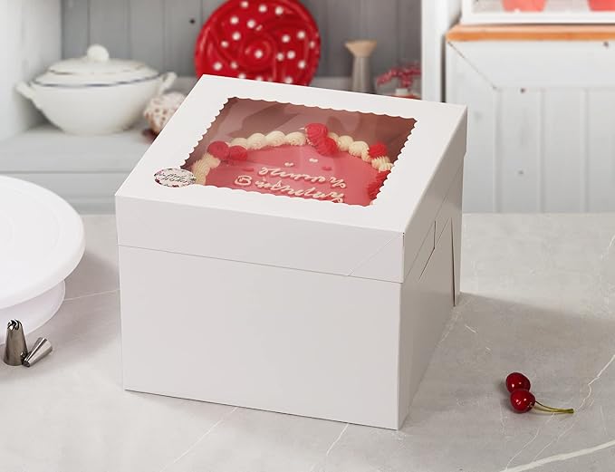 Kootek 15pcs Cake Boxes, 10x10x8 Inches Tall Cake Box with Window, White Bakery Boxes, Large Baking Boxes, Square Cardboard Cake Box for Multi-Layer Cakes, Cake Decorating Supplies for Gift Giving