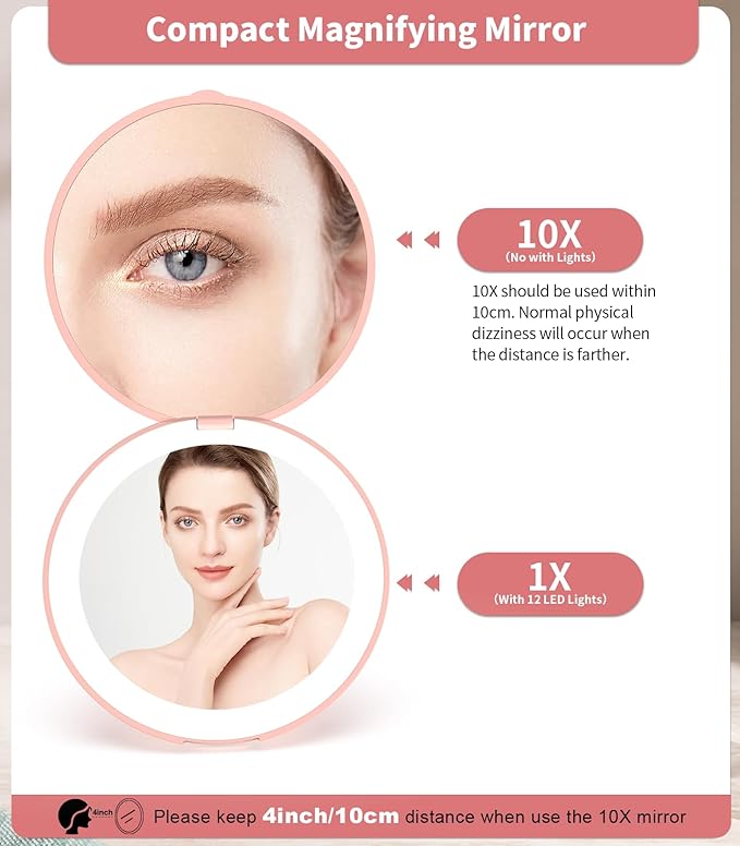 Wobsion Compact Travel Mirror - 1x/10x Magnification, Handheld 2-Sided, Perfect for Purses & Handbags