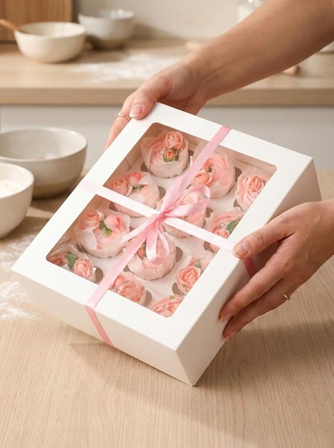 Bakepacker Auto-pop up 12 Cupcake Containers 6-Packs White Cupcakes Carrier, 12 Cupcake Boxes with Window 13"x10"x3.5"