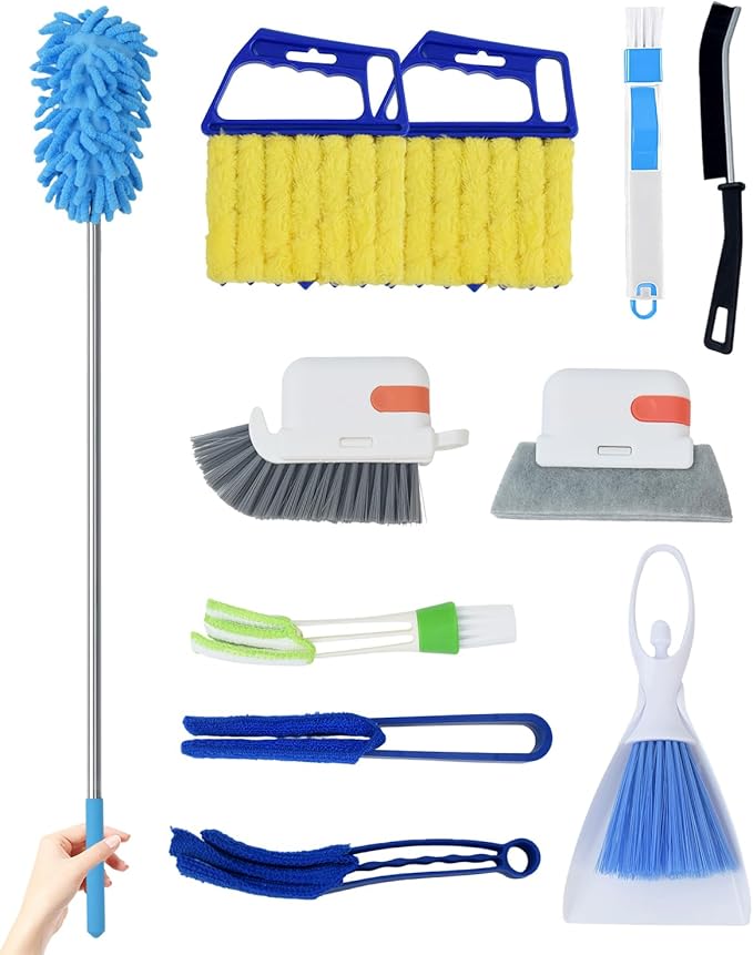 11 Pcs Blind Cleaner Duster Tool Kit – Mini & Window Blinds Cleaner Brush Set, Air Vent & Track Cleaning Tools, Window Groove & Sill Scrubber for Home, Car, AC, Sliding Doors - Blue