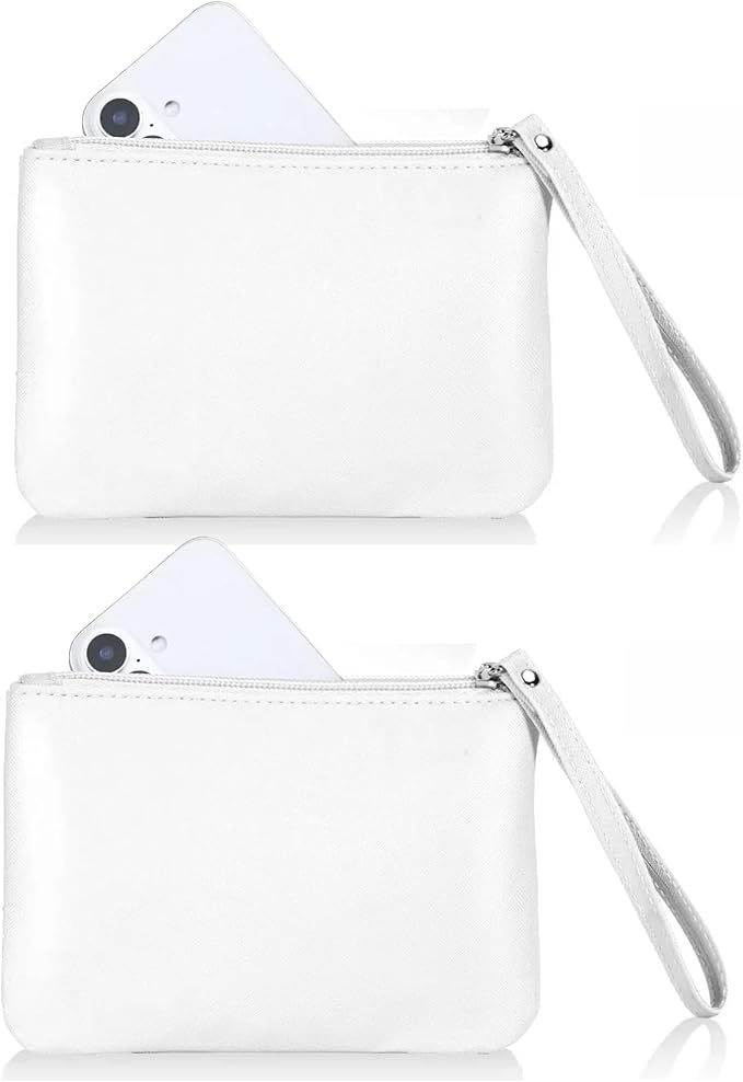 2 Pack Small Zipper Pouch Mini Makeup Bag for Purse Lipstick Cosmetic Travel Make Up Organizer for Women Essentials Feminine Products, Car Change Coin Holder 8x5 Phone Wristlet Wallet, White