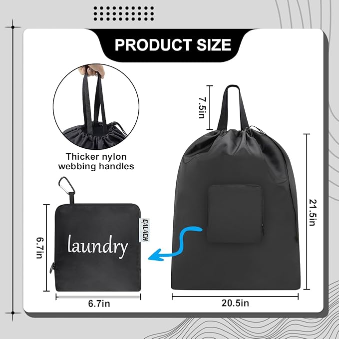 Travel Laundry bags, Dirty Clothes Travel Bag with Handles, Portable Small laundry Sack for Travelling, Suitcase, Gym, Camping (Black | 2 Pack)