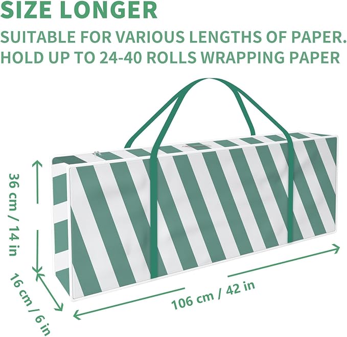 Safana Wrapping Paper Organizer Storage Bag, 42" Durable 600d Oxford Christmas Gift Wrapping Organizer Box Under Bed Storage Containers for Decorations Paper Rolls, Ribbons, Balls, Bows (Green Stripe)