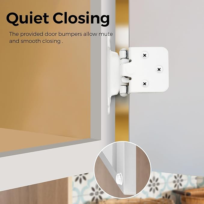 2 Pack 1 Pair White Cabinet Hinges - 1/2 inch Overlay Kitchen Cabinet Hinges, Semi-Concealed Hinges, Self Closing Cabinet Door Hinges with Door Bumper, White Face Mount Cabinet Hardware