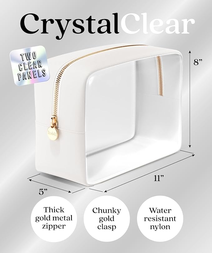 Clear Makeup Bag Zipper Pouch, Transparent Cosmetic Case Organizer, TSA Approved Travel Toiletry Case, Travel Accessories Essentials Makeup Tote for Women, Large Cute Make up Bag for Purse - White