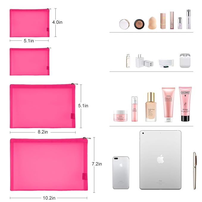 EASYFUN Mesh Pouch, Makeup Bag with Zipper, Cosmetic Organizer Pouch for Daily or Travel to Keep Small Items, 4 PCS Rose Red