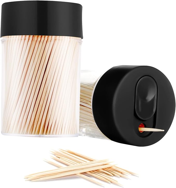 Bamboo Wooden Toothpicks [3000 Count]-With 2-Pack Reusable Toothpick Holder, Sturdy Smooth Finish Tooth Picks, For Appetizer, Olive, Barbecue, Fruit, Teeth Cleaning Toothpicks, Black.
