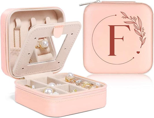 SANDJEST Personalized Jewelry Box, Pink Small Travel Jewelry Box with Initial F, Monogrammed Jewelry Case Organizer for Girls Women Teen, Mini Travel Essentials Gifts for Christmas Birthday