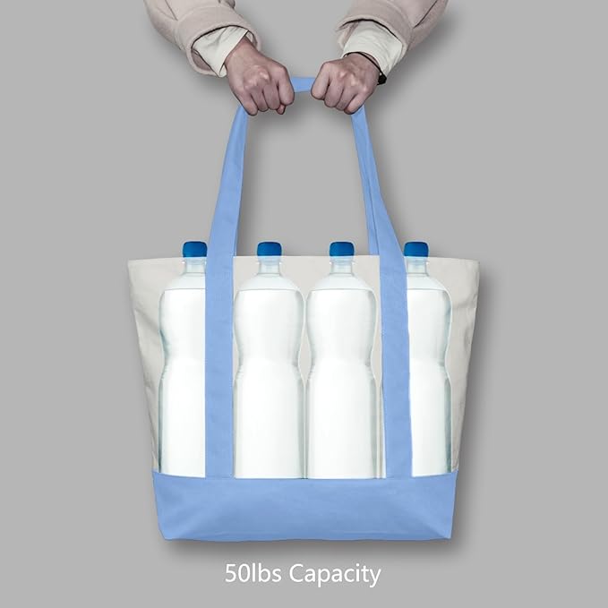TOPDesign 3-Pack Canvas Tote Bags with an External Pocket, Reusable Grocery Shopping Bags, Top Zipper Closure, Daily Essentials (Light Blue/Natural)