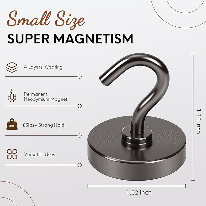 Neosmuk Magnetic Hooks, Heavy Duty 85lb+ Strong Magnet Hook for Cruise Cabins, Cruise Ship Essentials for Hanging, Metal Wall Refrigerator Hangers (Gunmetal, 10 Pack)