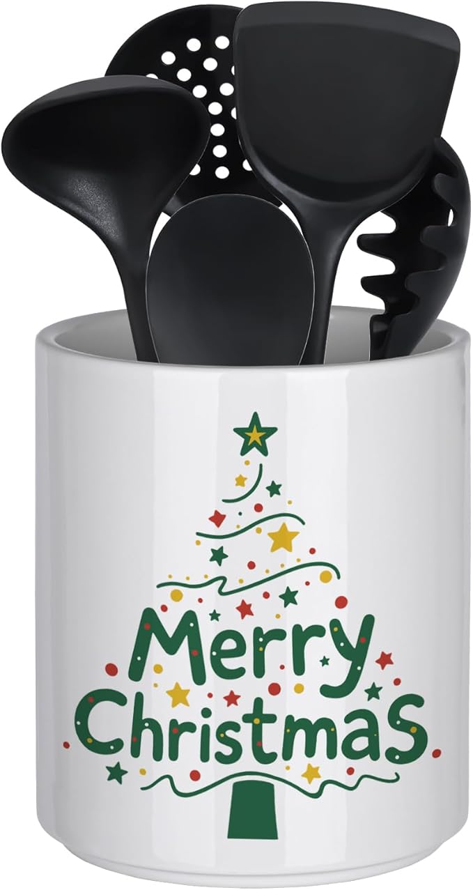 Christmas Utensil Holder Ceramic Cooking Utensil Holder for Kitchen Counter Green Xmas Tree Utensils Holder, Large Spatula Holder Glossy White Christmas Gift Kitchen Decor （6.5”H x 5.5”D）