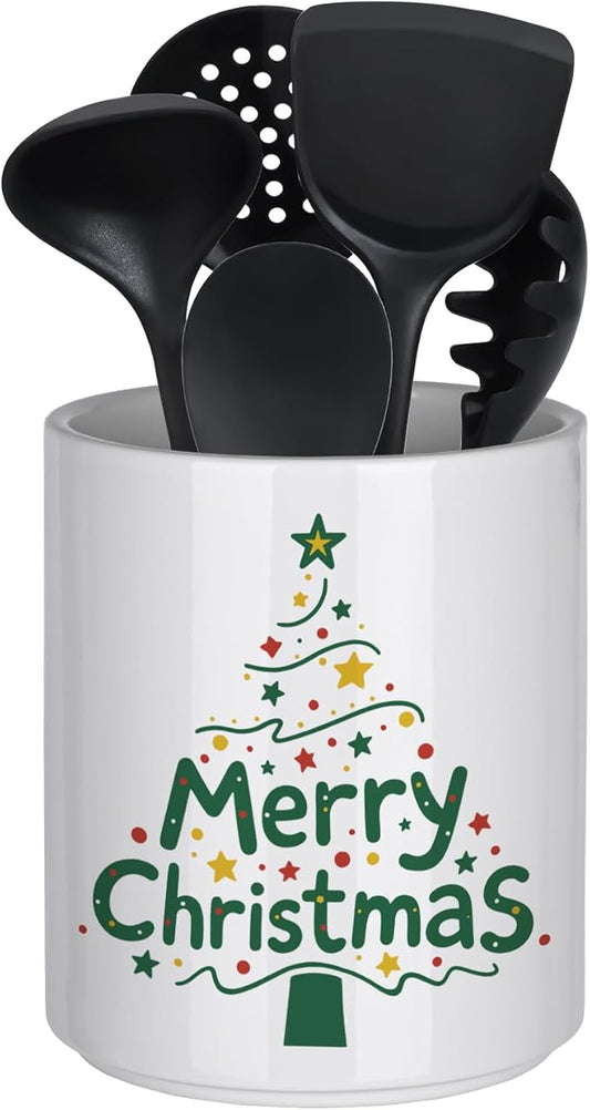 Christmas Utensil Holder Ceramic Cooking Utensil Holder for Kitchen Counter Green Xmas Tree Utensils Holder, Large Spatula Holder Glossy White Christmas Gift Kitchen Decor （6.5”H x 5.5”D）