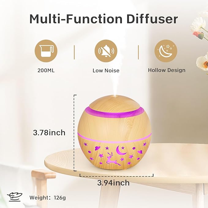 200ml Essential Oil Diffuser, Small Humidifiers for Bedroom with USB Charging, LED Lights, 2 Filter Sticks, Portable Wood Grain Quiet Aromatherapy Mist Diffusers, Gift for Girls