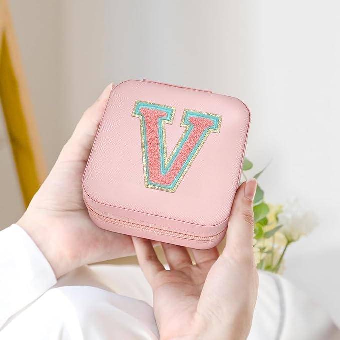 SANDJEST Personalized Jewelry Box, Pink Travel Jewelry Box with Initial V, Small Monogrammed Jewelry Case Organizer for Girls Women Teen Kids, Mini Travel Essentials Gifts for Birthday Christmas
