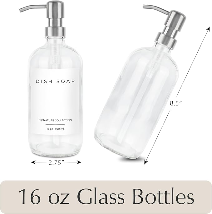Emerson Essentials Soap Dispenser for Kitchen, Dish Dispenser for Kitchen, Bathroom Hands Set, Glass Bottles with Pump and Labels - 16 Oz, 2 Pack