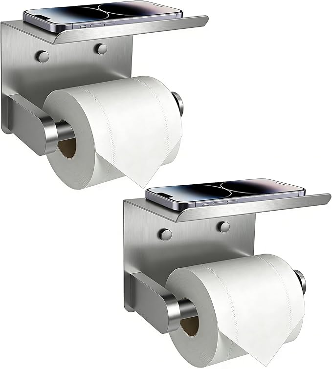 SetSail Toilet Paper Holder with Shelf Adhesive or Screw-in Bathroom Toilet Paper Roll Holders Wall Mount Brushed Nickel Heavy-Duty Tissue Holder for Bathroom Hardware Accessories, 2 Packs
