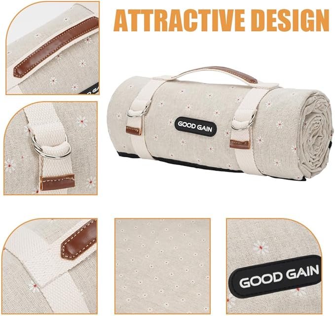 G GOOD GAIN Picnic Blankets Waterproof Extra Large - Outdoor Blanket Sand Free Foldable with Carry Strap for Beach, Camping, Park Grass, Hiking, Travel, Concerts (White Flower)