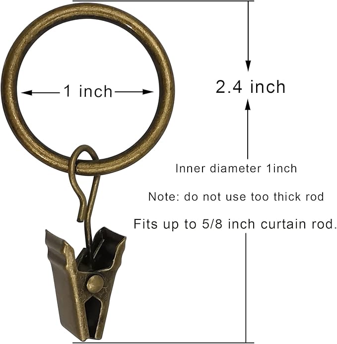 WeeksEight 100 Pack Bronze Curtain Rings with Clips, Curtain Hooks Hangers Clip Rings for Hanging Drapes Bows Hat, Drapery Rings 1 in I D, Fits up to 5/8 in Diameter Curtain Rod.