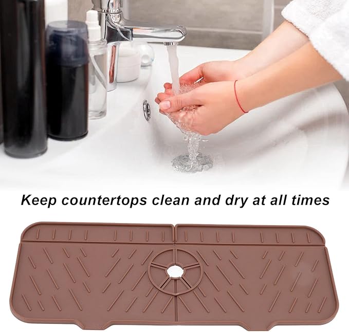 OUKENS Sponge Holder for Kitchen Sink, Silicone Faucet Mat for Kitchen Sink - Reusable Splash Guard & Drip Catcher Tray, Washable Countertop Water Absorbent Mat for Bathroom, RV (Brown)