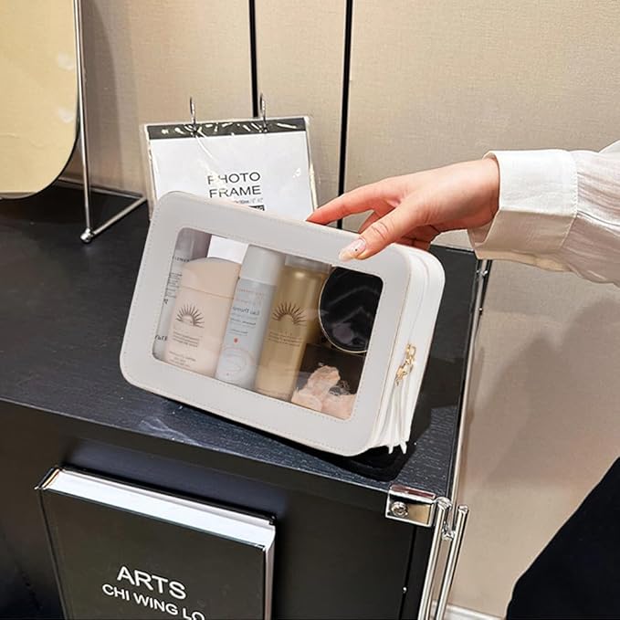 Clear Makeup Bag, White Travel Makeup Pouch Toiletry Bag for Women Waterproof Small Cosmetic Bag Case Small Make Up Bag with Zipper Car Organizer Car Essentials for Women Men