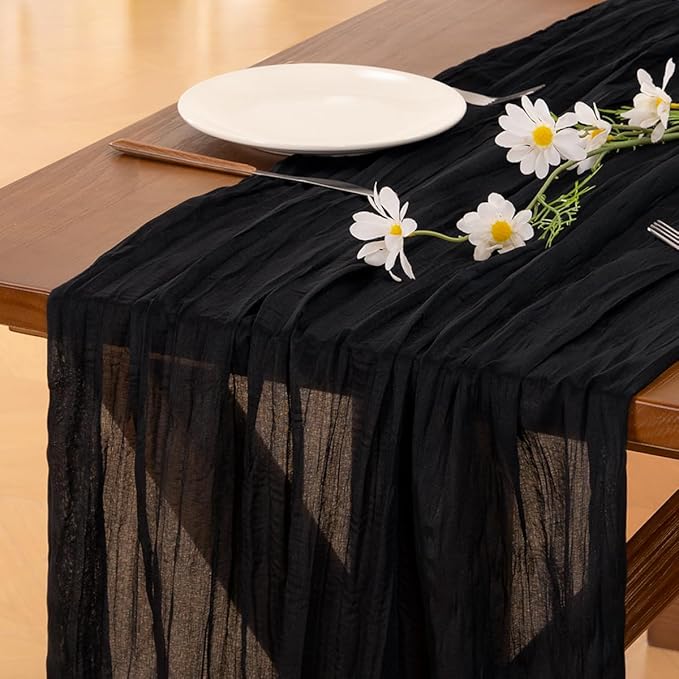 Socomi 2pcs Black Summer Cheesecloth Table Runner Boho Rustic Gauze 120 inch 10FT Cheese Cloth Sheer Runner for Wedding Party Baby Shower Birthday Home Decor Holiday Decorations