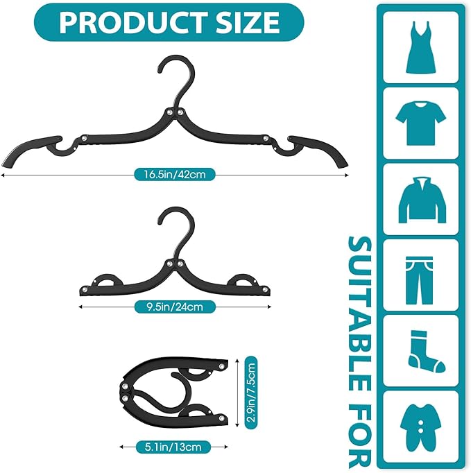 15 Pcs Travel Hangers Portable Foldable Travel Hanger Organizer, Plastic Cruise Ship Accessories Essentials Clothes Hanging Rack Folding Hangers for Traveling Camping Flying RV Europe Suitcase, Black