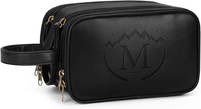Travel Toiletry Bag for Men,Mens Shaving Bags for Toiletries,Men's Toiletry Travel Bag Leather,Personalized Travel Essentials,Birthday Gifts For Men,Black- M