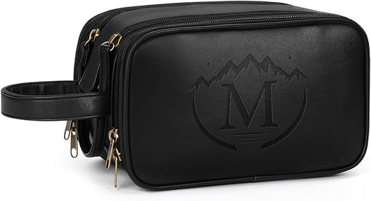 Travel Toiletry Bag for Men,Mens Shaving Bags for Toiletries,Men's Toiletry Travel Bag Leather,Personalized Travel Essentials,Birthday Gifts For Men,Black- M