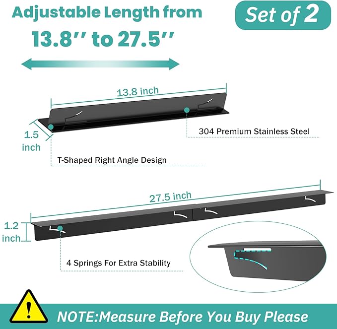 Stove Gap Covers 2PCS, Stove Gap Filler Stainless Steel,13.8'' to 27.5'' Adjustable Length,Range Trim Kit,Oven Stove Gap Guard Between Stovetop and Counter,Easy to Clean Heat Resistant, Black
