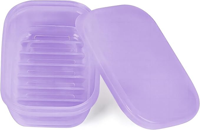 Quatish Leakproof Soap Dish with Lid & Draining Layer, Shatterproof Travel Bar Soap Holder Case Container, Portable Travel Size Toiletries Essentials for Camping, Gym, Bathroom, Clear Purple
