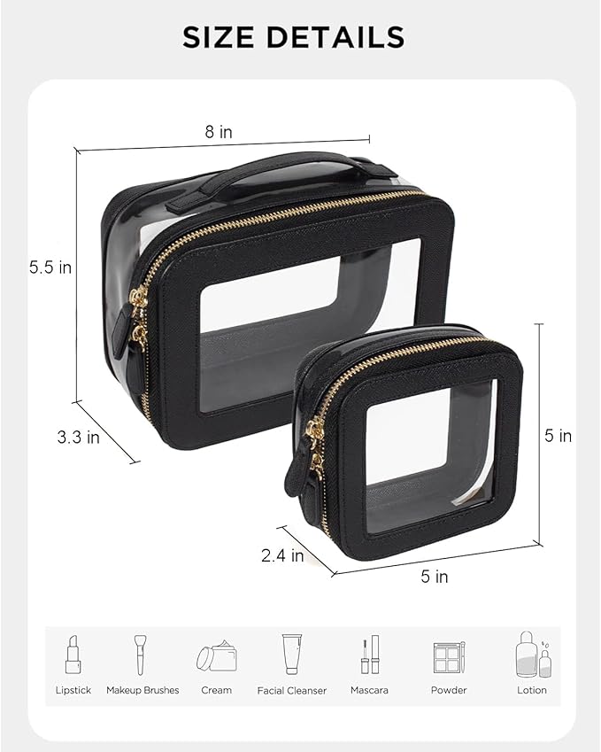 Clear Makeup Bag Set, Small Portable Clear Makeup Bag Cute Waterproof Travel Cosmetic Bag Makeup Pouch TSA Approved Toiletry Bag Women Traveling Car Organizer Car Essentials (Black, Standard + Mini)