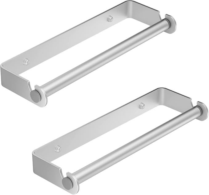 Under Cabinet Paper Towel Holder, Adhesive or Drill Mount Paper Towel Holder, Wall Mount Paper Towel Holders for Kitchen or Bathroom (Silver) 2 Pack