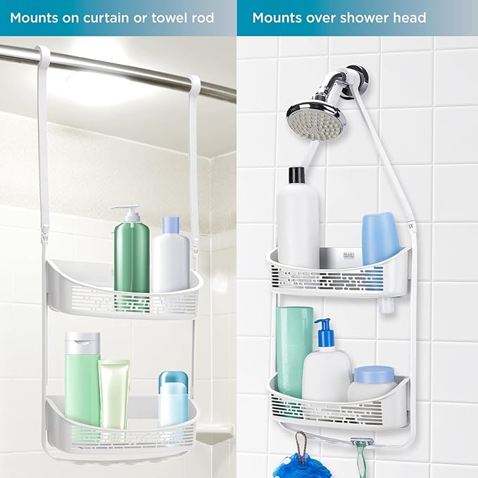 BLACK+DECKER 2-Way Convertible Hanging Anti-Swing Shower Caddy, 2 Way Adjustable Arm, Over The Door, Loofah & Razor Hooks, Storage & Organization, Large and Small Bottles and More, White