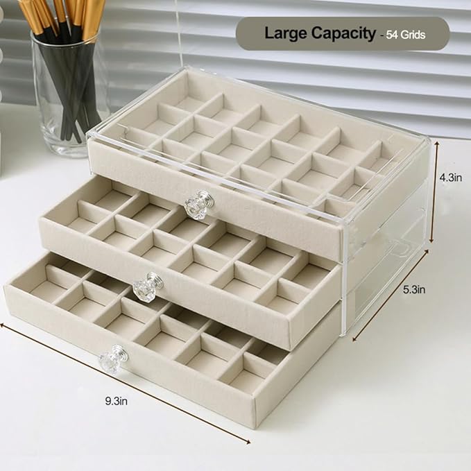 SPAKOWN Earring Box Holder Organizer Display Case, Clear Velvet Jewelry Storage Tray Organizer for Earring Ring Stud (Beige - 3 Drawers)