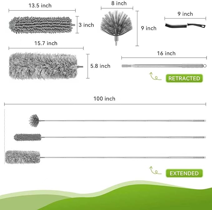 100-inch Duster with Extension Pole, 8-in-1 Cobweb Duster Kit Includes Chenille Head & Retractable Gap Cleaner, Spider Web Brush for High Ceiling, Fan, Car, and Home Cleaning