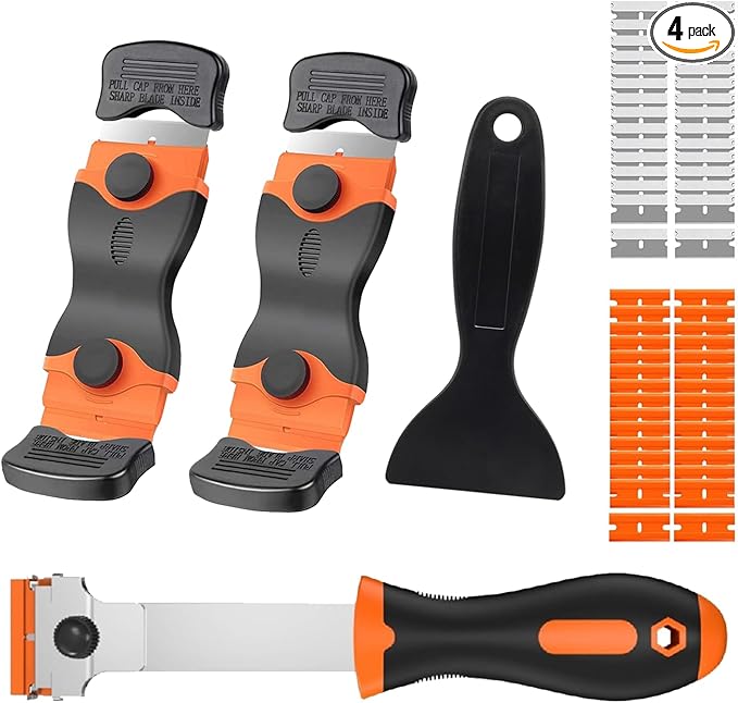 Razor Blade Scraper Tool Set, 4 Pack Paint Scrapers with 30 Plastic & 30 Metal Blades, Safe Non-Scratch Glass Scraper for Stickers & Paint