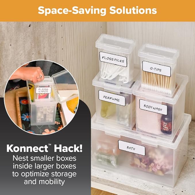 Bostitch Konnect Storage Containers with Lids, Organizer, Clear Plastic Box, Stackable Nesting Bins, 5-Piece Bundle, 1 Large, 2 Medium, 2 Small