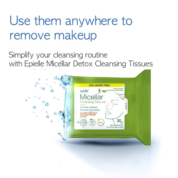 Epielle Micellar Makeup Remover Wipes, Gentle & Hydrating Daily Facial Cleanser Towelettes, Remove Waterproof Mascara, Hypoallergenic & Alcohol-Free, Stocking Stuffers, 30 Count (Pack of 4)